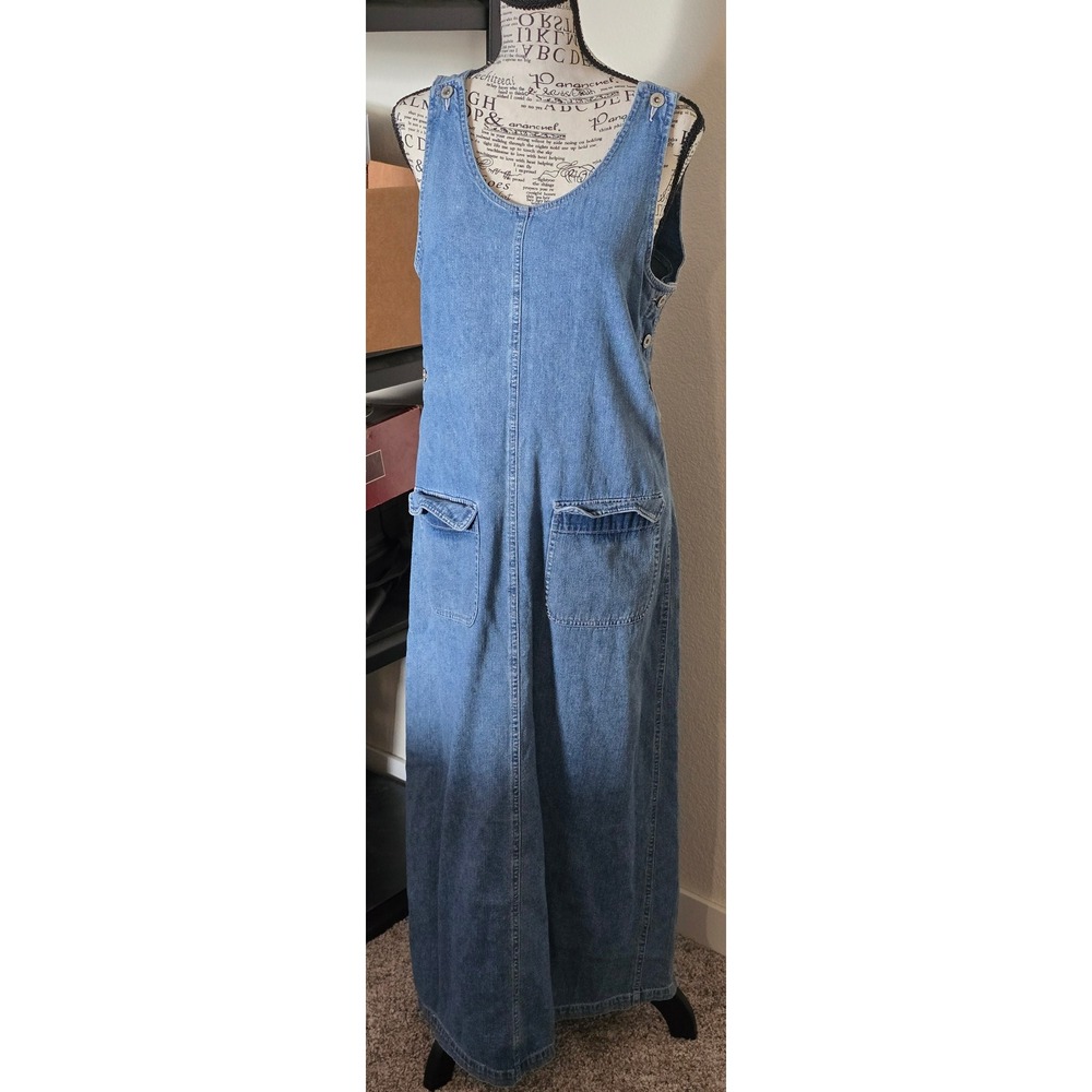 Vtg Y2K Faded Glory Overalls Denim Dress S Patch Pockets Festival Prairie Boho